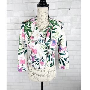 Guess Floral Print Moto Leather Zip Up Jacket‎ Size Small